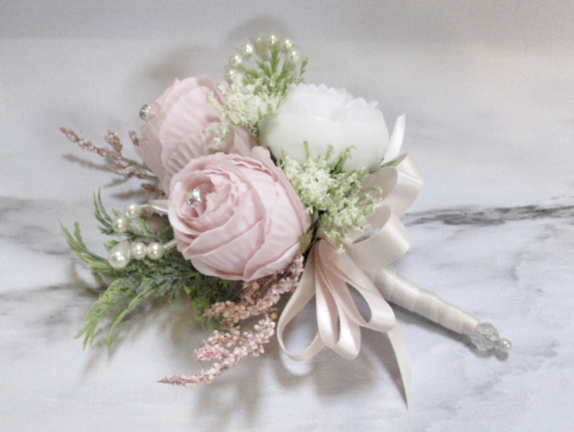 Pink & White Rose & Mini Peony Corsage with Pearl Loops, mother of the bride corsage